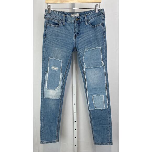 FREE PEOPLE Distressed Patchwork Jeans Low Rise Zip Fly Skinny Blue Size 28 - Picture 1 of 9